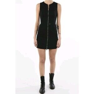 Diesel Full Zip Black Denim Vest Bodyconn Mini Dress Lace Up Detail Punk Sz S